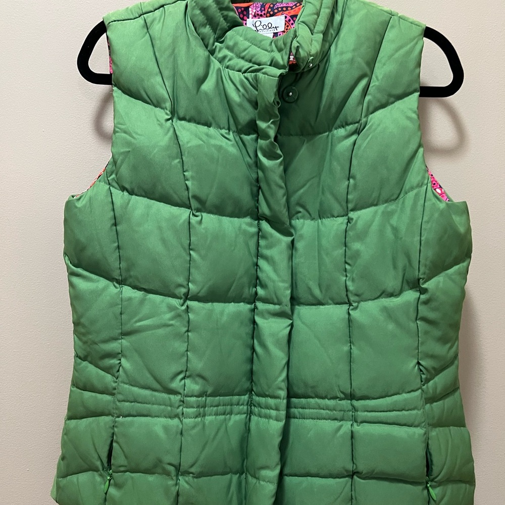 Lilly Pulitzer Green Down Filled Full Zip Snap Pockets Karin Puffer Vest Size M